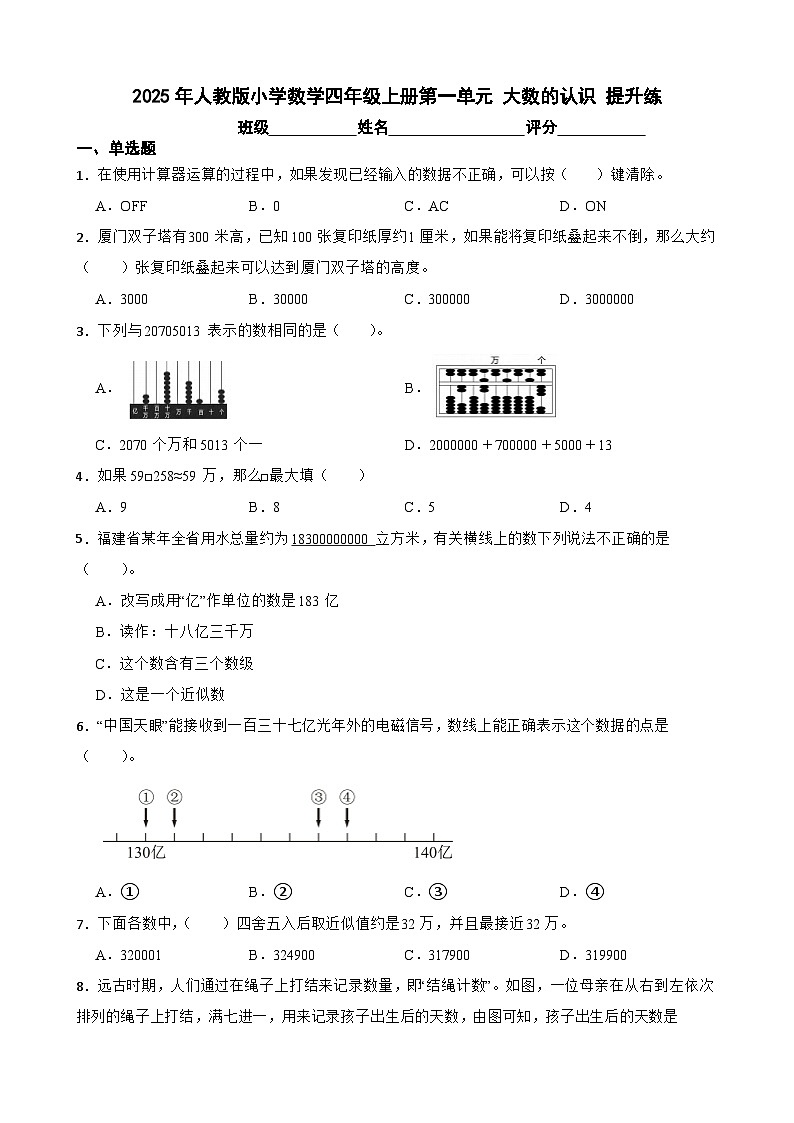 2025年人教版小學數學四年级上册第一单元 提升练（有答案）第1页