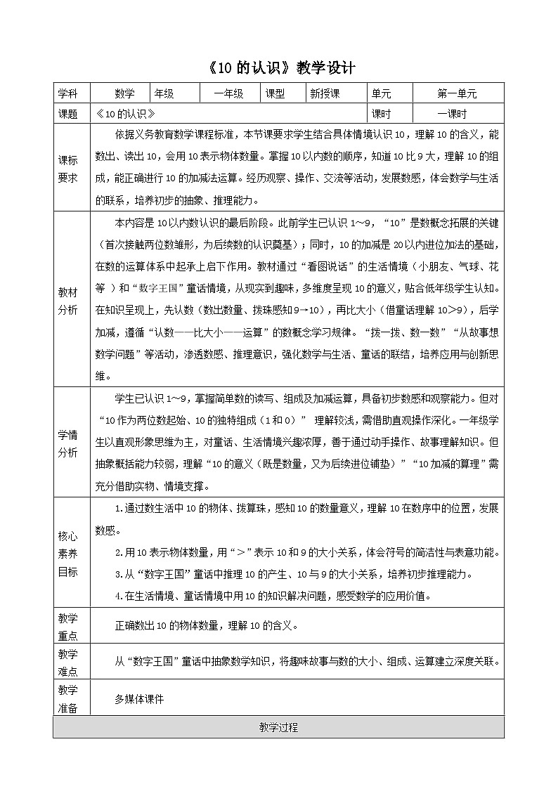 1.14《10的认识》表格式(教案) -2025-2026学年一年级数学上册 冀教版第1页