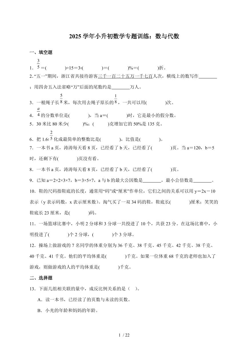 2025年（小升初）六年级下册数学专项练习：数与代数（含解析）