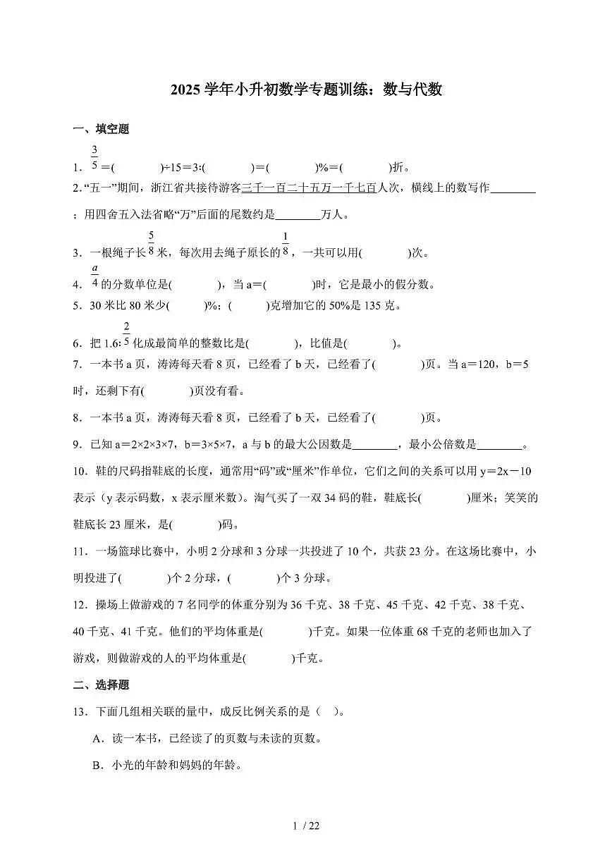 2025年(小升初)六年级下册数学专项练习:数与代数(含解析)第1页
