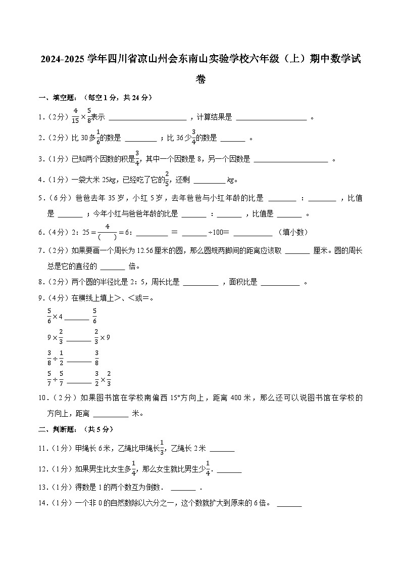 2024-2025学年四川省凉山州会东南山实验学校六年级(上)期中数学试卷第1页