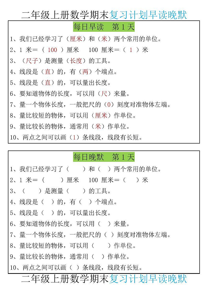 2024版人教版二年级上册数学期末知识点复习计划早读晚默第1页
