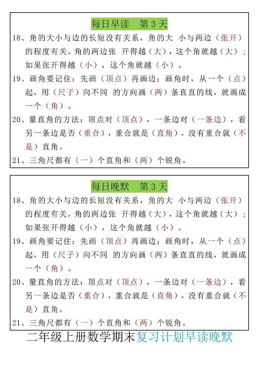 2024版人教版二年级上册数学期末知识点复习计划早读晚默第3页