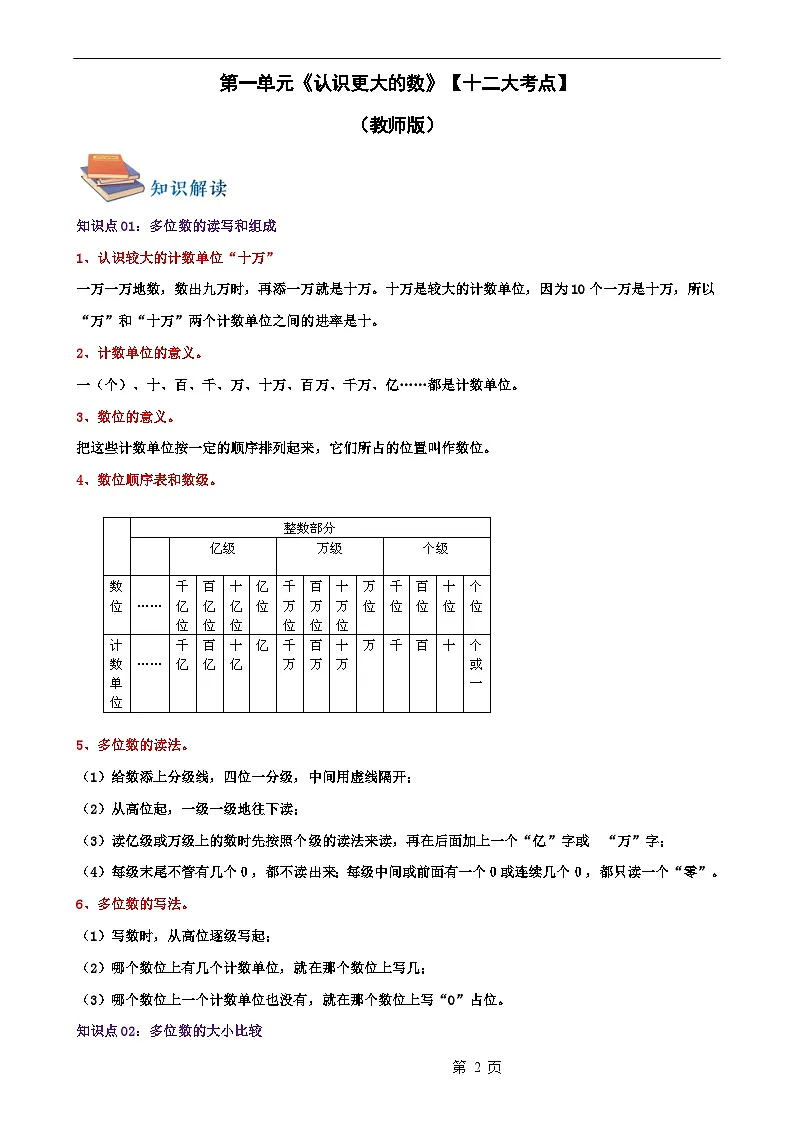 第一单元《认识更大的数》(知识清单)【十二大考点】-2023-2024学年四年级数学上册期末核心考点集训(教师版)北师大版-A4第2页