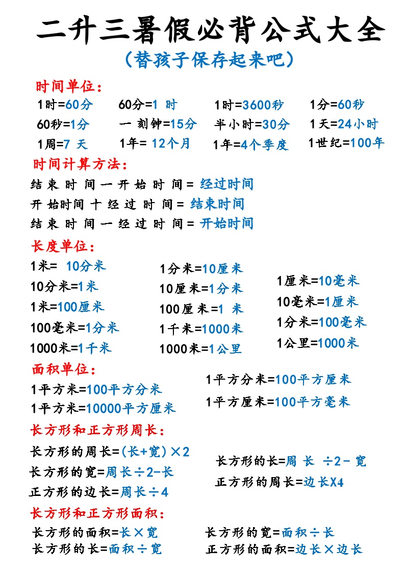 二升三数学必背公式大全练习