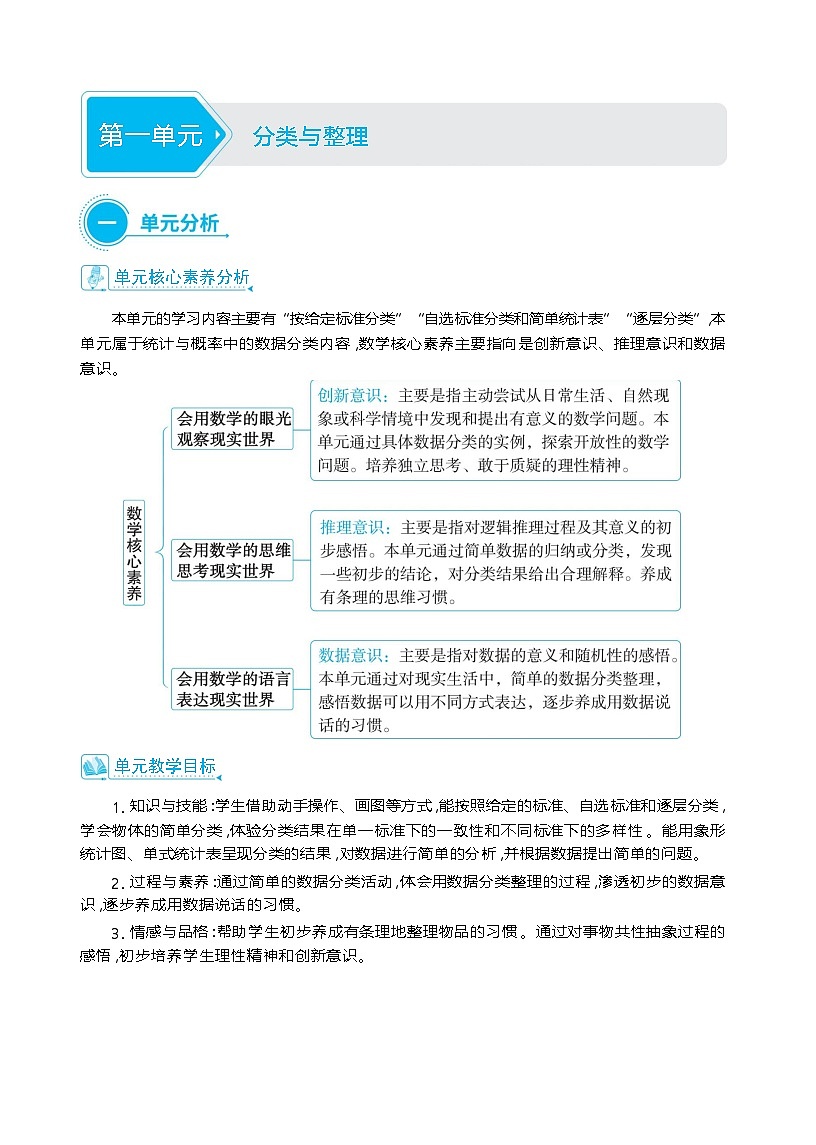 第一单元 分类与整理单元整体教学设计(表格式)人教版 二年级上册数学第1页