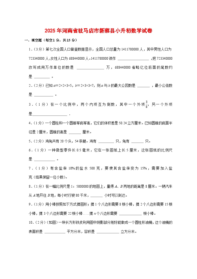 （小升初）2025年河南省驻马店市新蔡县初一新生入学分班考试数学检测试卷（含解析）