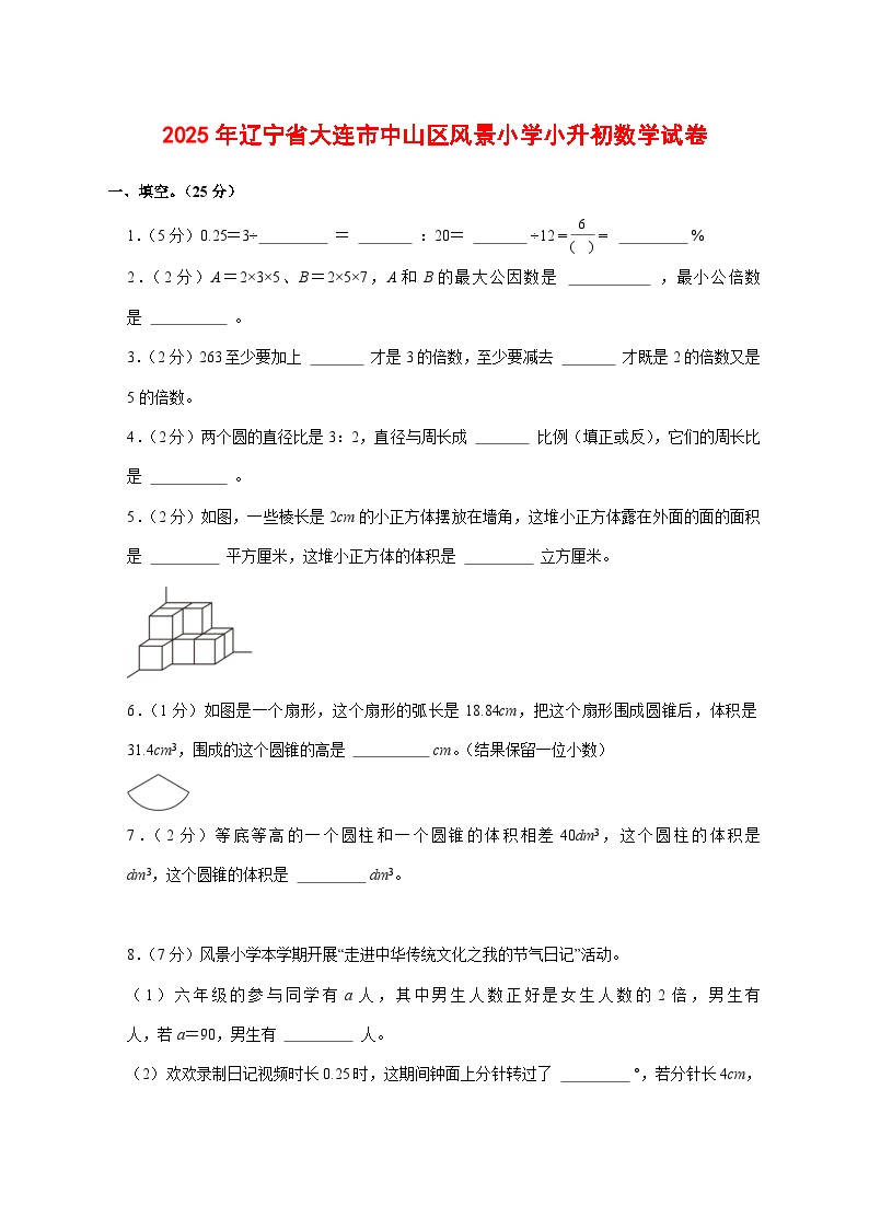 （小升初）2025年辽宁省大连市中山区风景小学初一新生入学分班考试数学检测试卷（含解析）