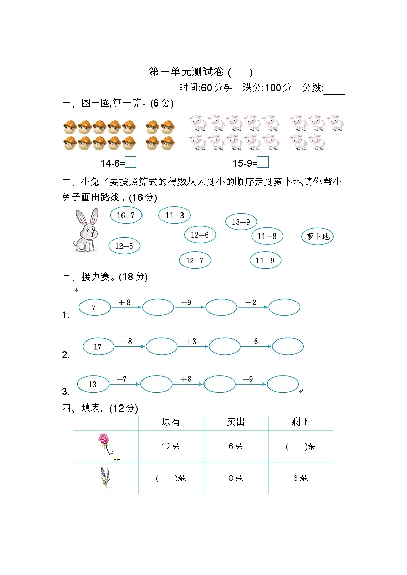 数学苏教版 1年级下册含答案第一单元测试卷(二)第1页
