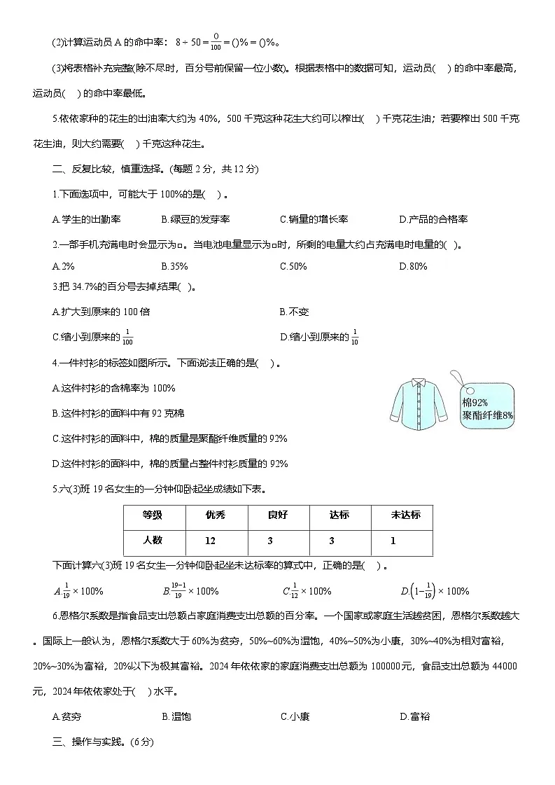 人教版六年级数学上册第 10 周 周测 百分数的意义和读、写法 百分数和分数、小数的互化(教材P80~P86)(含答案)第2页