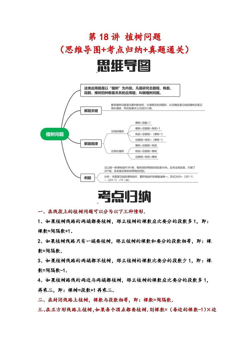 第18讲 植树问题(思维导图+考点归纳+真题通关)-【练透核心考点】2023-2024学年六年级数学下册小升初复习重点方法与技巧(通用版)第1页