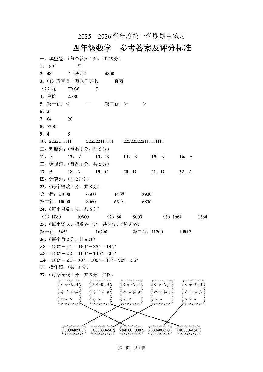 四年级数学 (黔西南州)2025—2026学年度第一学期期中练习-四年级数学-参考答案及评分标准第1页