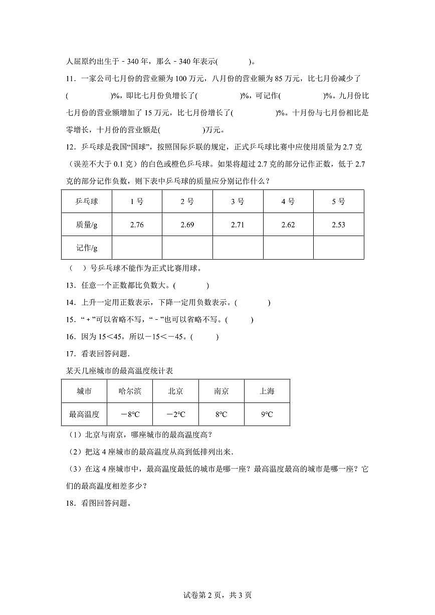 2025-2026学年人教版数学六年级下学期第一单元负数专项训练(含答案)第2页