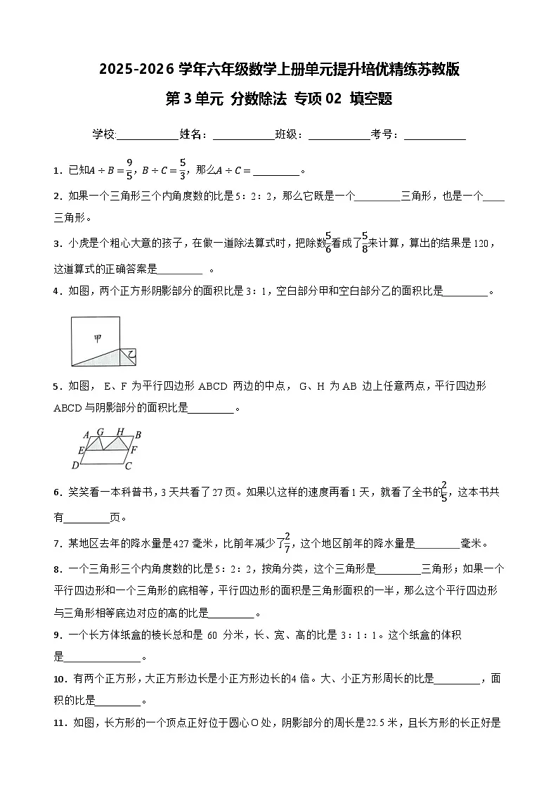 (单元提升培优)第3单元 分数除法 专项02 填空题-2025-2026学年六年级数学上册单元提升培优精练苏教版(含答案解析)第1页