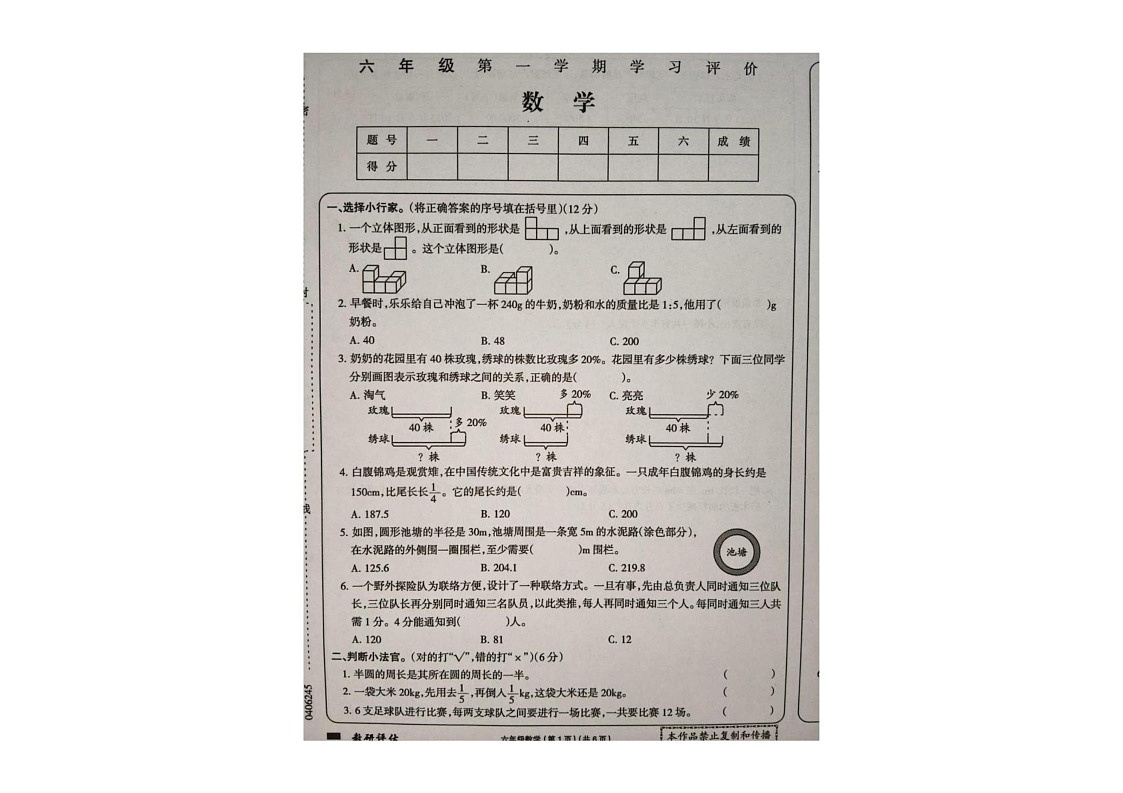 黑龙江省大兴安岭地区塔河县第二小学2024-2025学年六年级上学期期末学习评价数学试题第1页