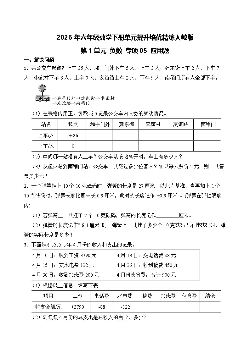 第1单元2026年六年级数学下册单元提升培优精练人教版第1单元 负数 专项05 应用题(含答案解析)第1页