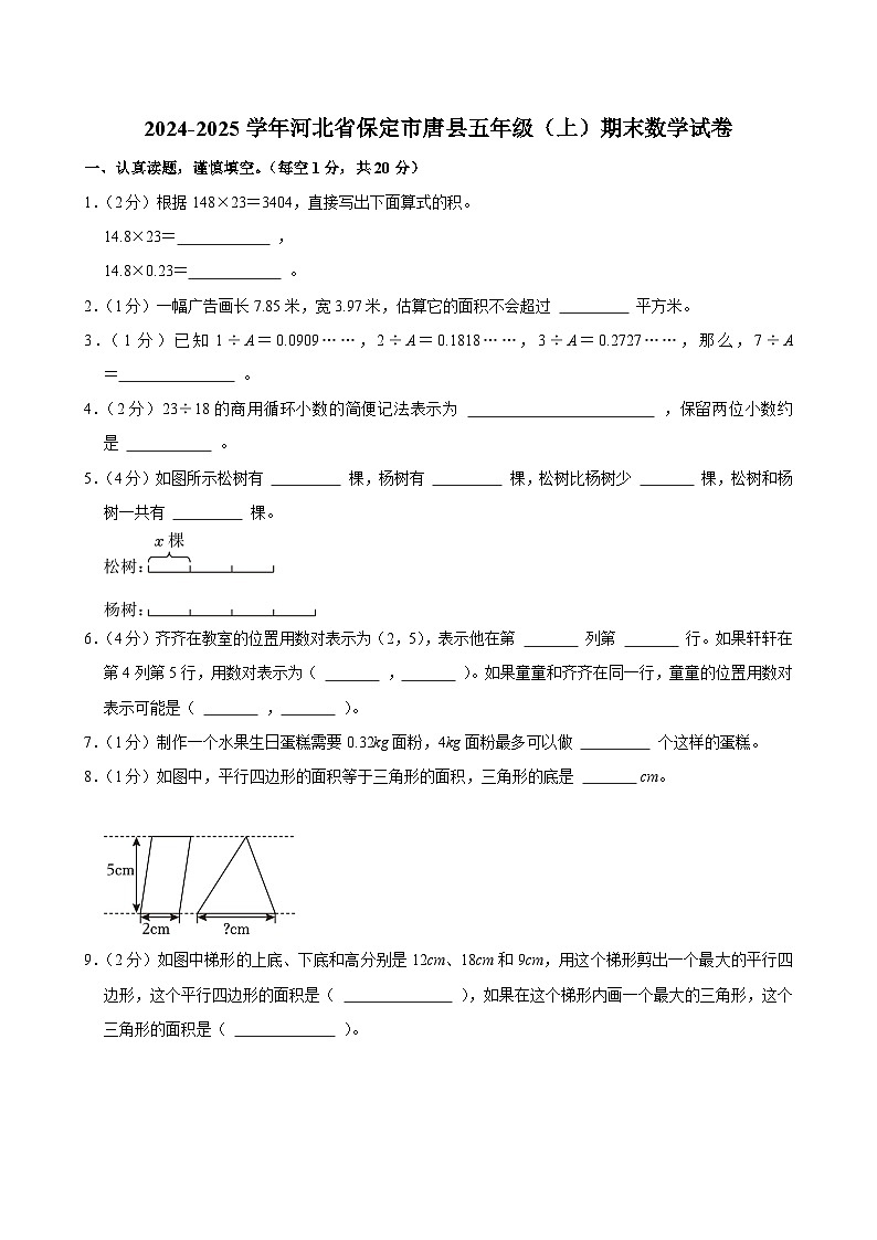 2024-2025学年河北省保定市唐县五年级(上)期末数学试卷第1页