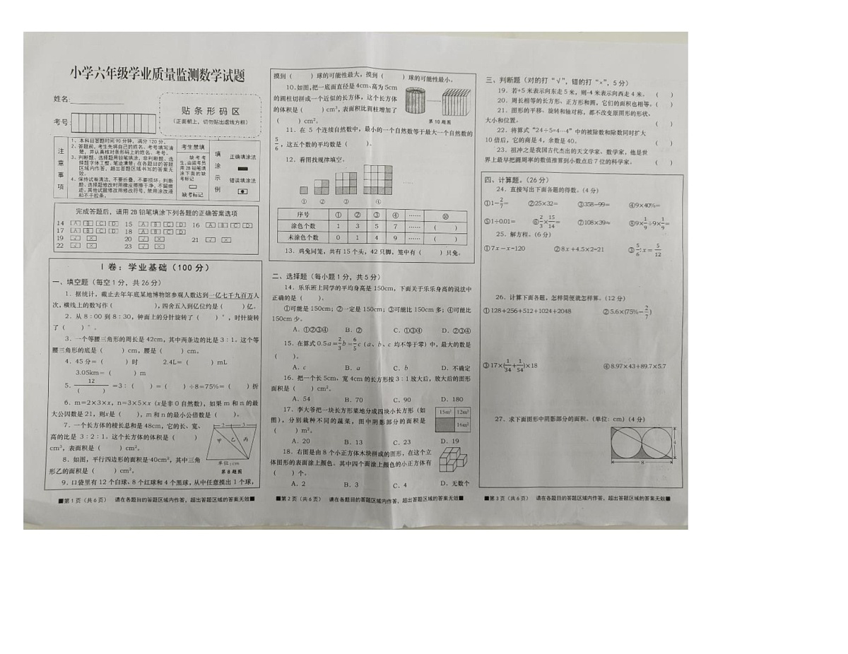 四川省资阳市雁江区2023-2024学年六年级下学期期末素养数学试题第1页