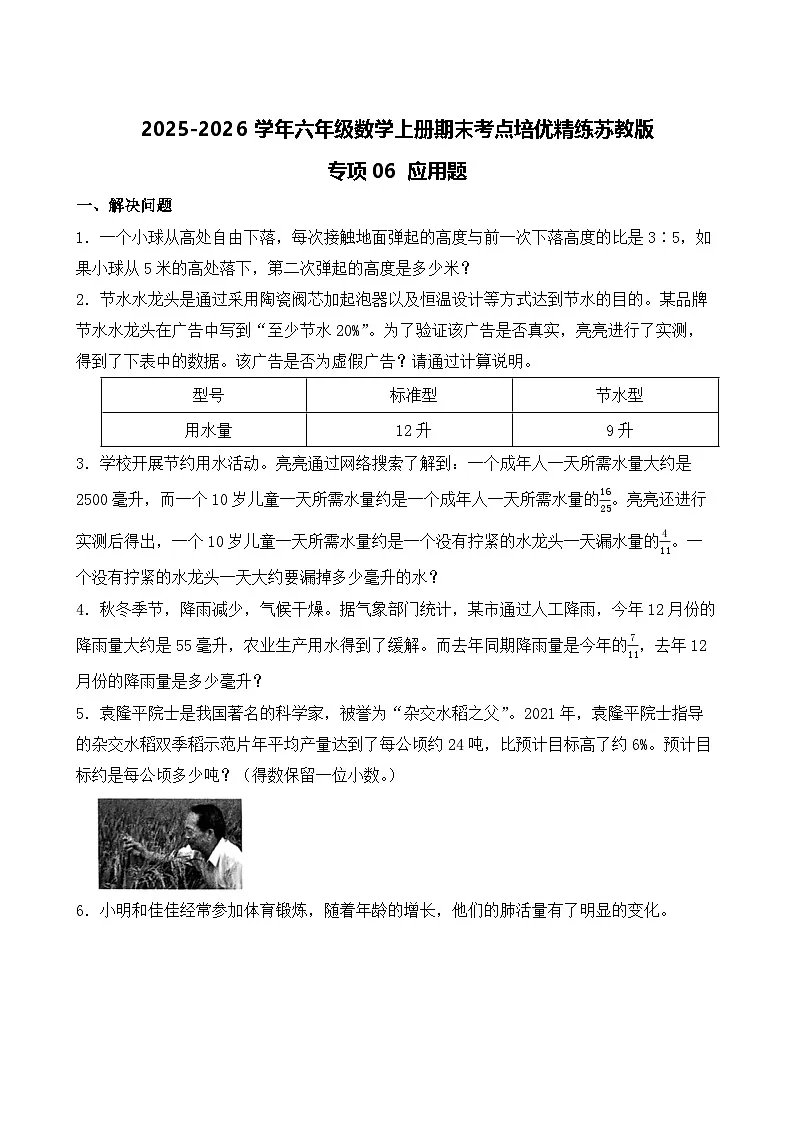(期末考点)2025-2026学年六年级数学上册期末考点培优精练苏教版专项06 应用题(含答案解析)第1页