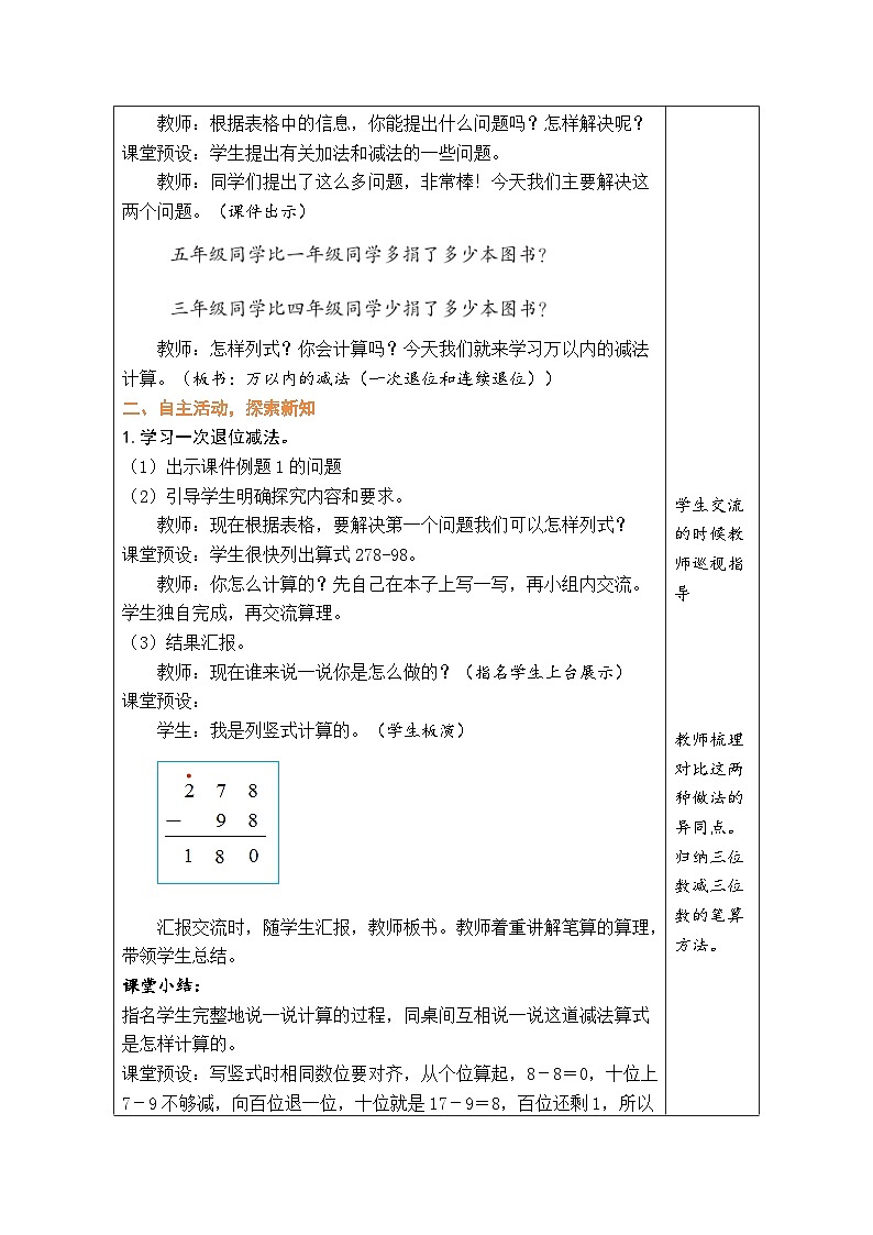人教版(2024)数学二年级下册4.3 万以内的减法(一次退位和连续退位)(表格式教案)第2页