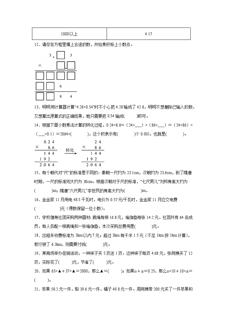 (期末考点)第1单元 小数乘法 专项02 填空题-2025-2026学年五年级数学上册期末复习培优精练人教版(含答案解析)第2页