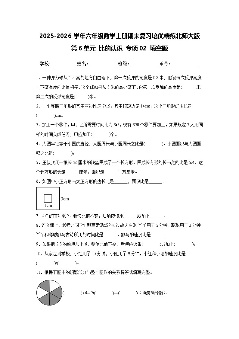 (期末考点)第6单元 比的认识 专项02 填空题-2025-2026学年六年级数学上册期末复习培优精练北师大版(含答案解析)第1页