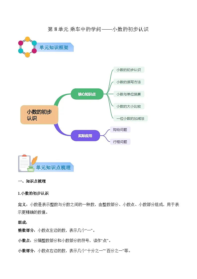 第8单元 乘车中的学问——小数的初步认识(原卷版)第1页