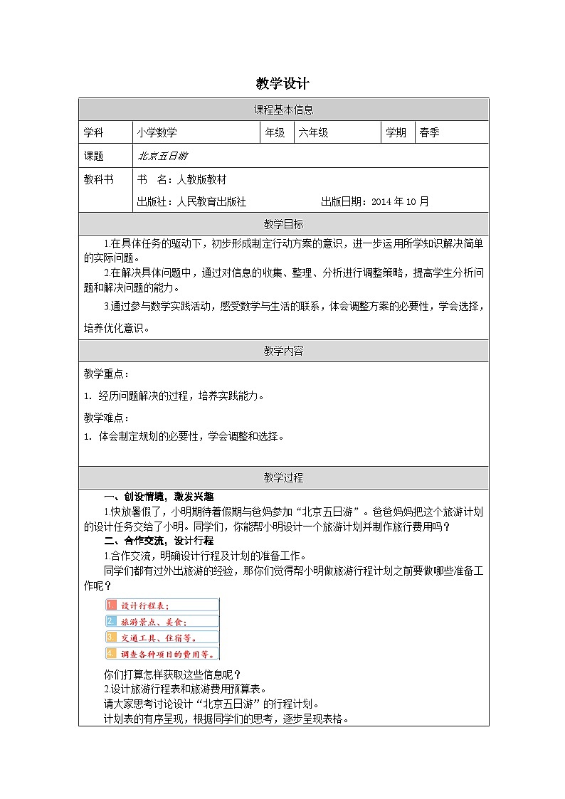 人教版数学六年级下册综合与实践(北京五日游)-表格式教案第1页