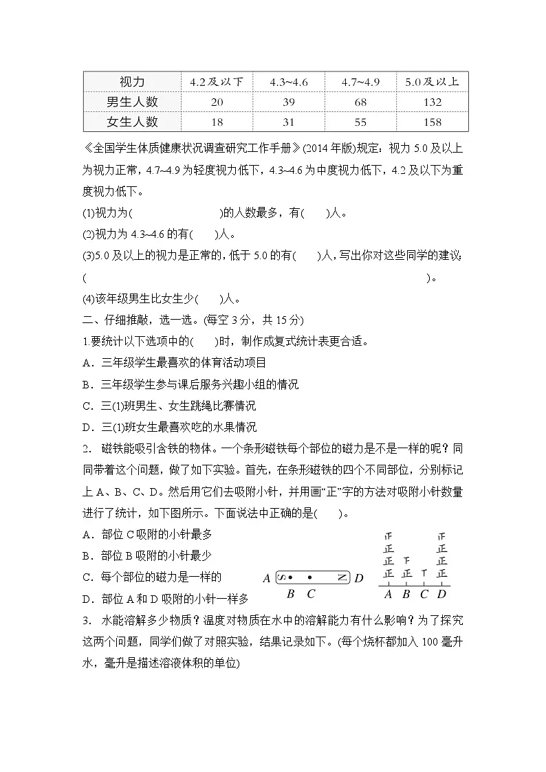 第五单元 数据的收集与整理 (单元测试试题含答案)-2025-2026学年三年级下册数学人教版(2024)第2页