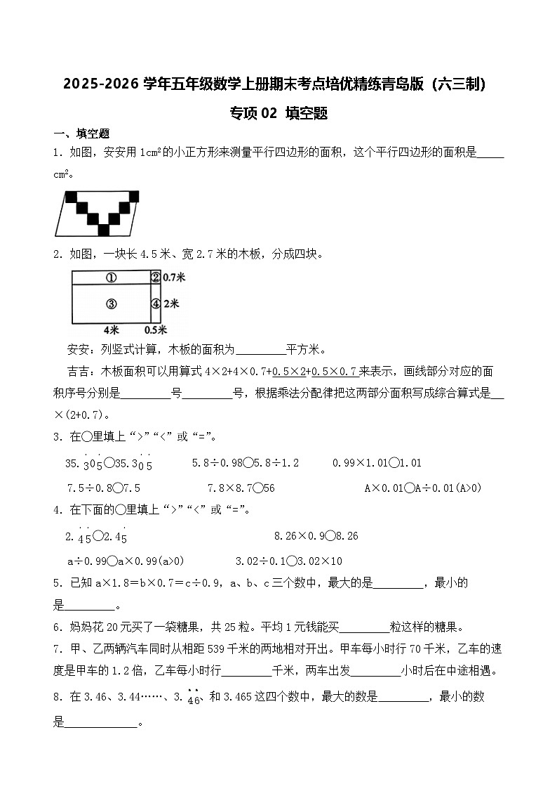 (期末考点)2025-2026学年五年级数学上册期末考点培优精练青岛版(六三制)专项02 填空题(含答案解析)第1页