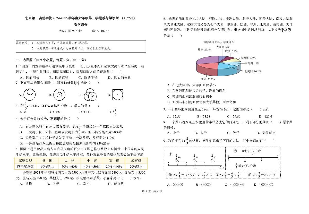 北京市海淀区实验学校(海淀)2024-2025学年六年级上学期期末数学试卷第1页