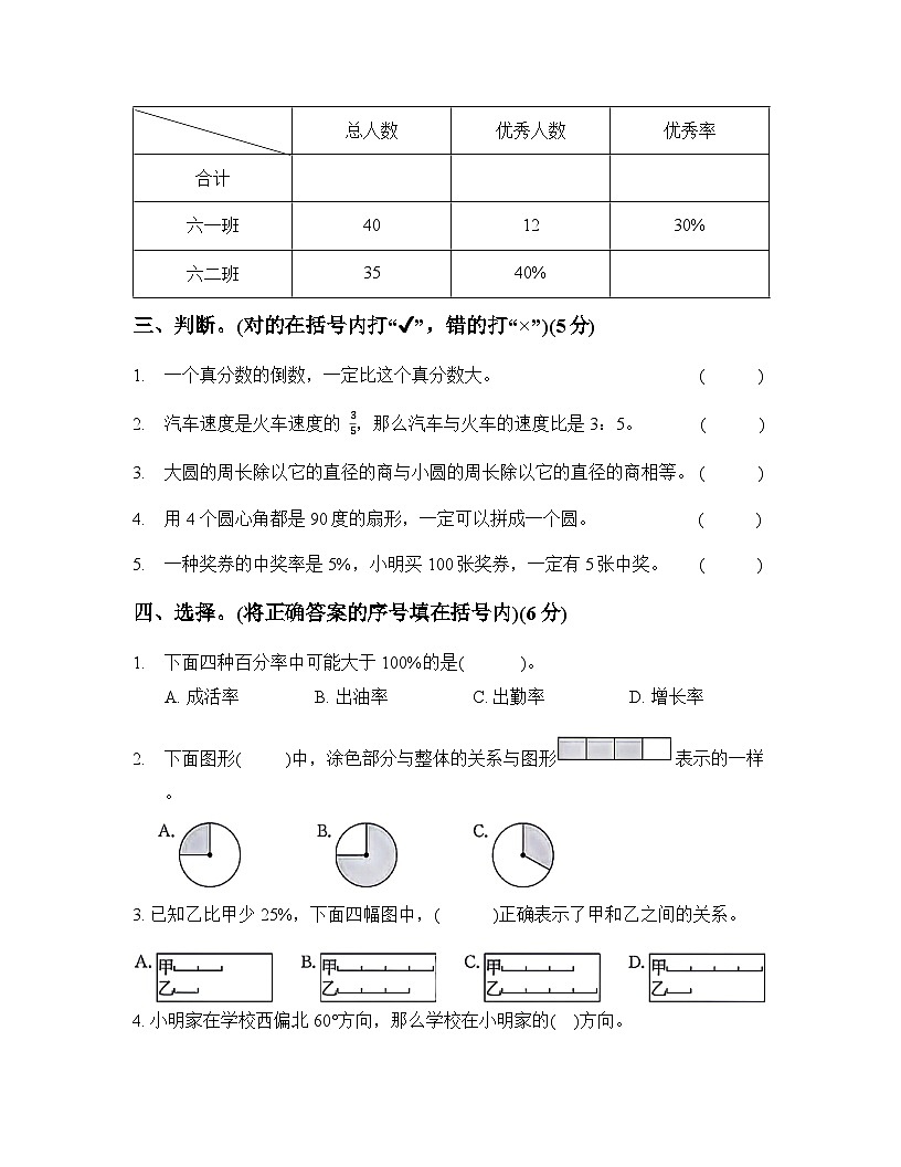 2025人教版六年级数学上册期末测试卷(1)(含答案)第3页