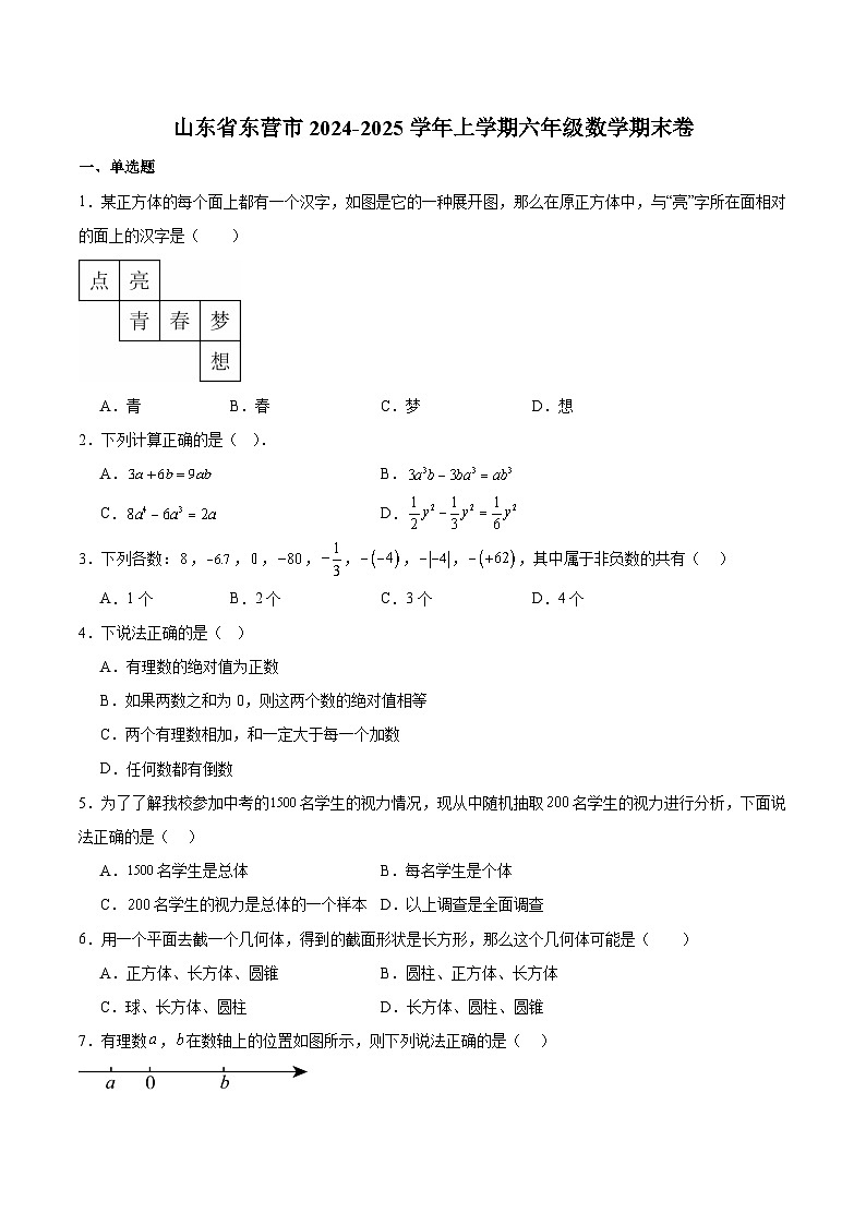 山东省东营市(五四学制)2024-2025学年六年级上学期期末考试 数学试卷(含解析)第1页