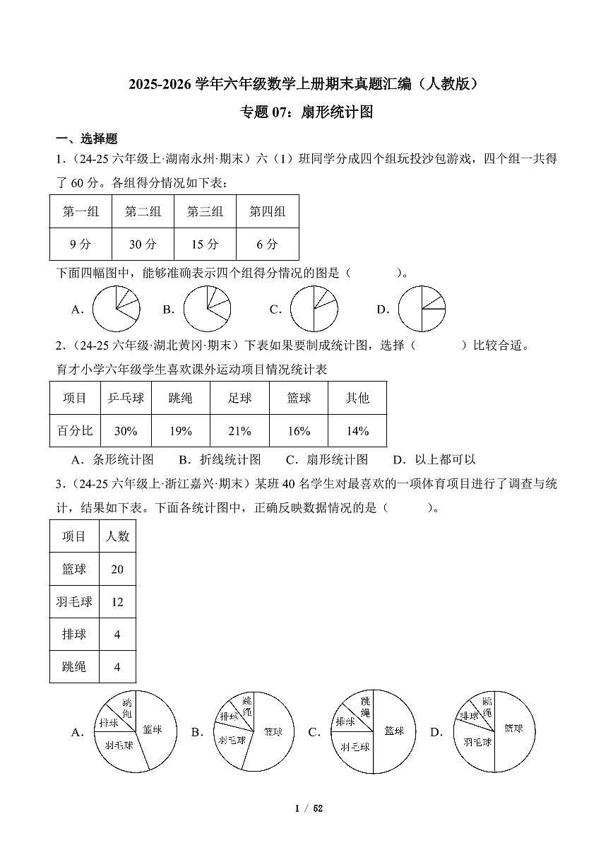 2025-2026学年六年级数学上册期末真题汇编(人教版)扇形统计图专项练习含答案第1页