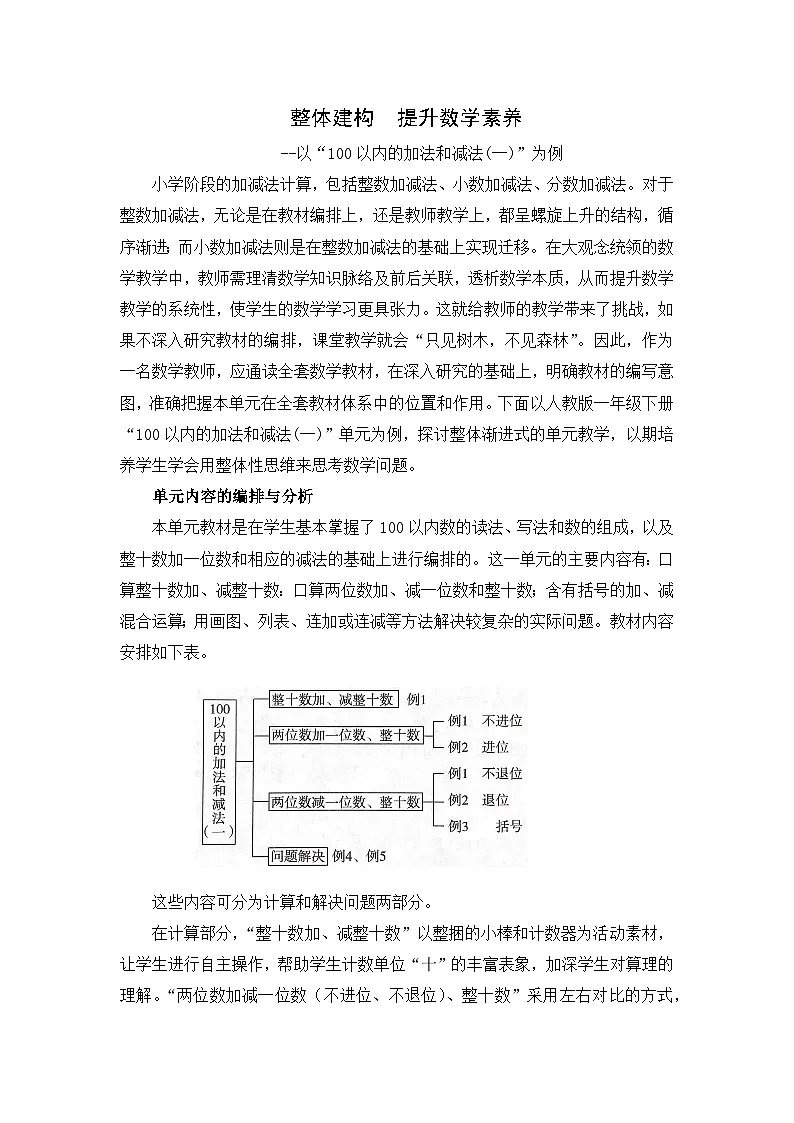 人教版小学数学一年级下册(2024)100以内的加法和减法(一) 单元整体教学设计第1页