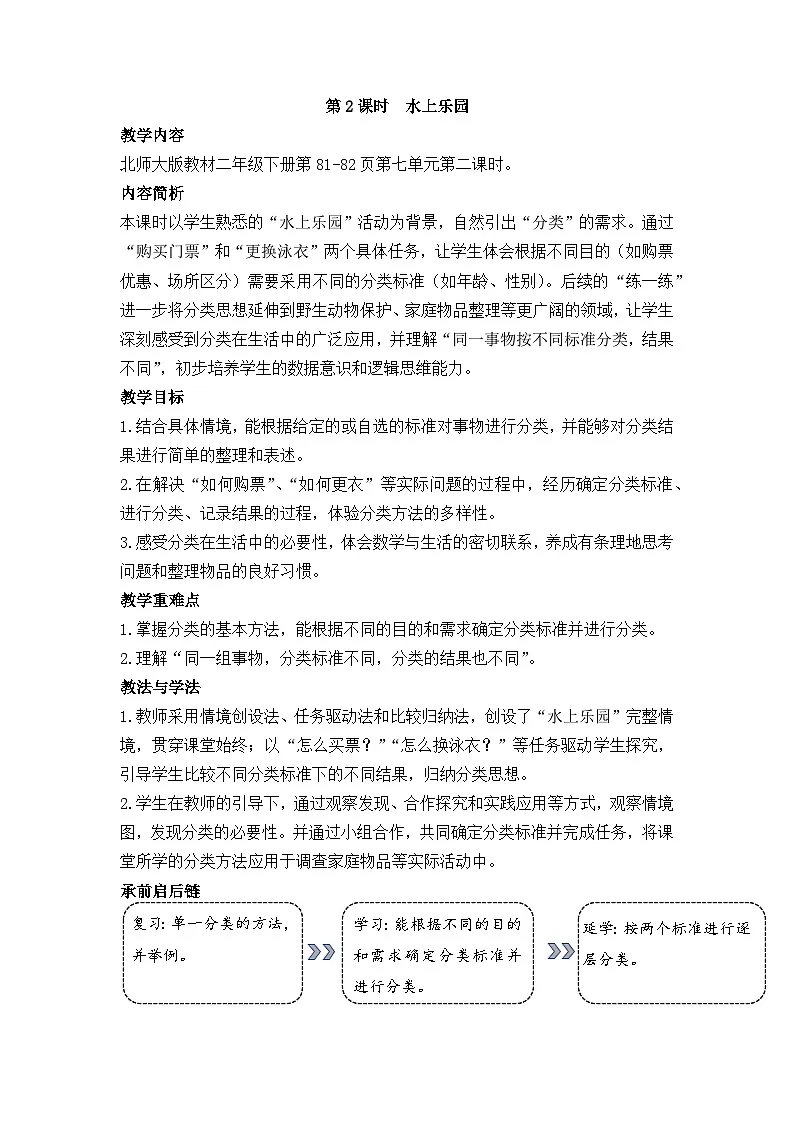 北师大版(2024)数学二年级下册 7.2 水上乐园(教案)第1页