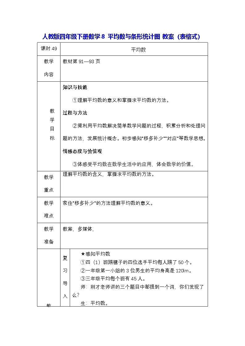 人教版四年级下册数学8 平均数与条形统计图 教案(表格式)第1页
