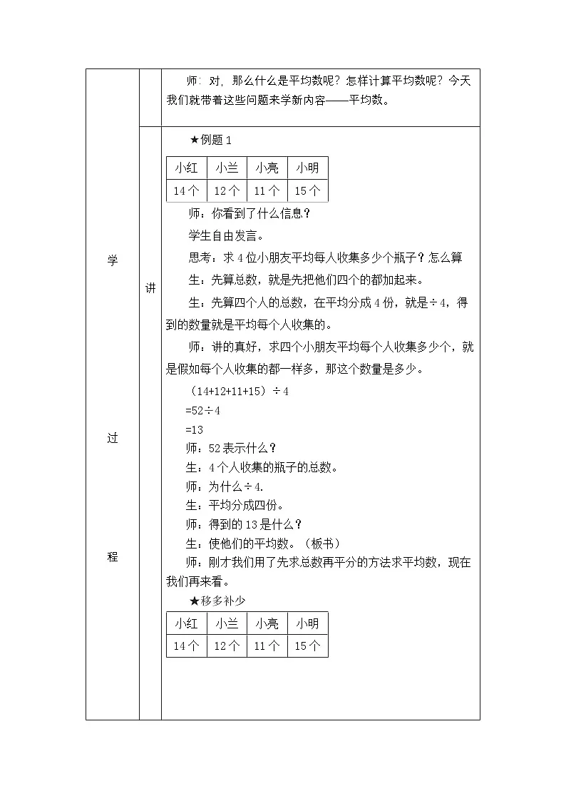人教版四年级下册数学8 平均数与条形统计图 教案(表格式)第2页