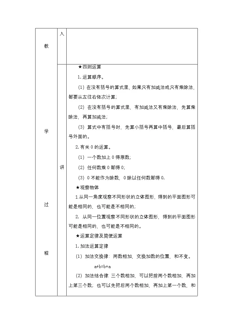 人教版四年级下册数学10 总复习 教案(表格式)第2页