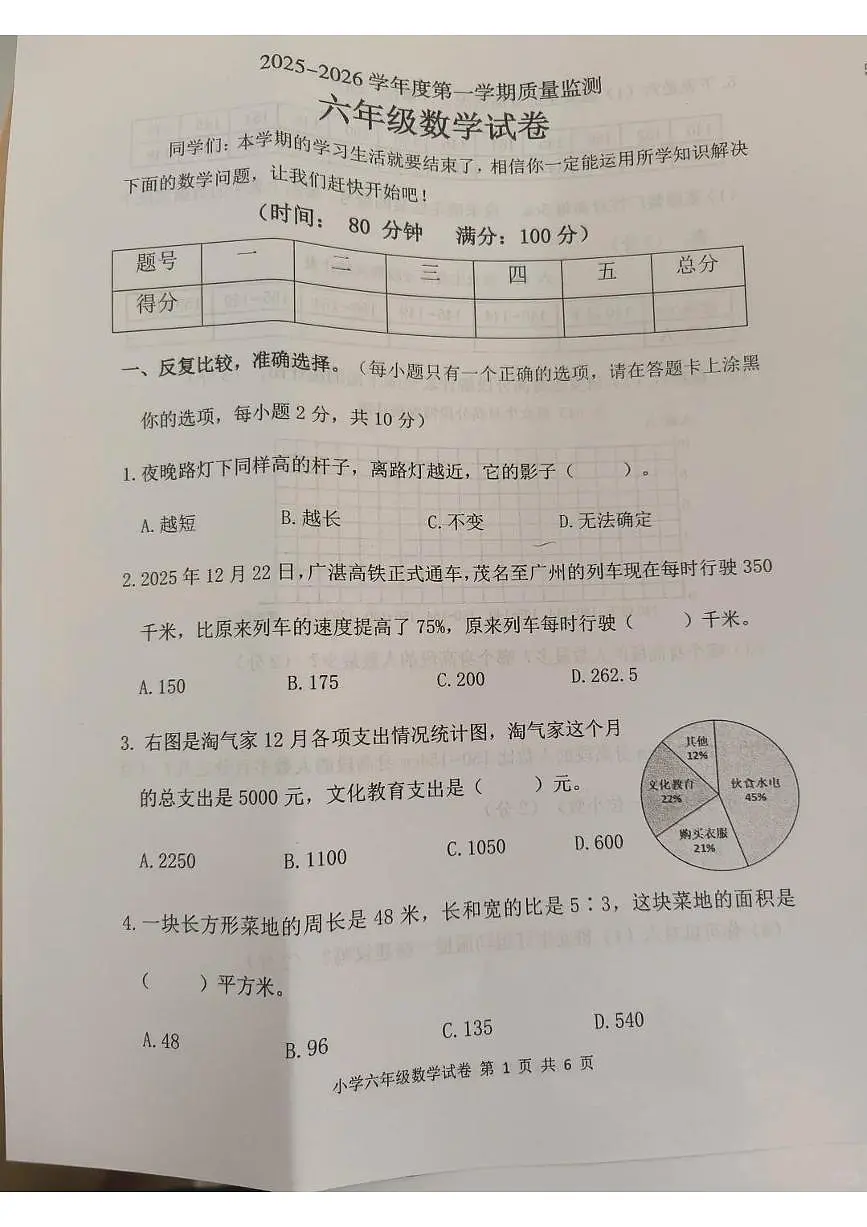广东省茂名市茂南区2025-2026学年第一学期六年级数学期末试卷(无答案)第1页