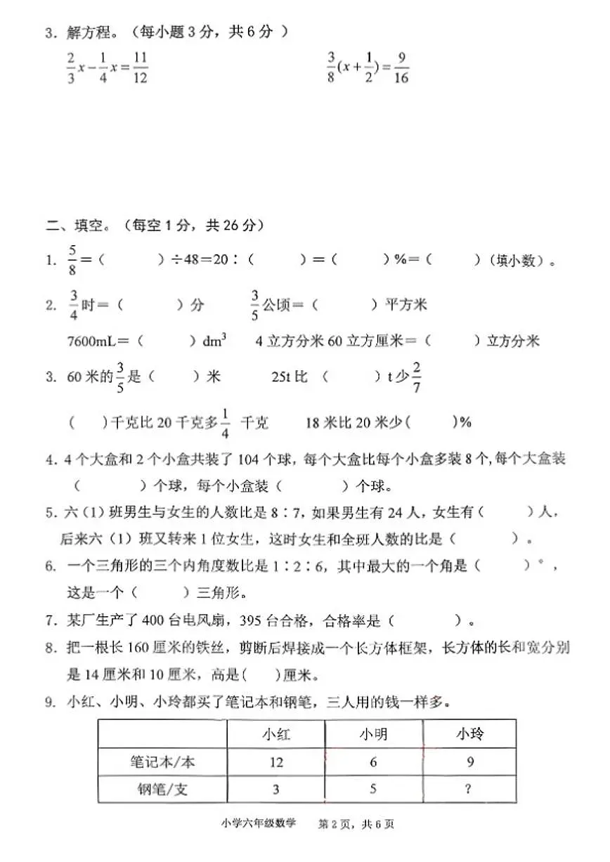 2025-2026学年安徽省池州市贵池区六年级上学期期末数学试题(含答案)第2页