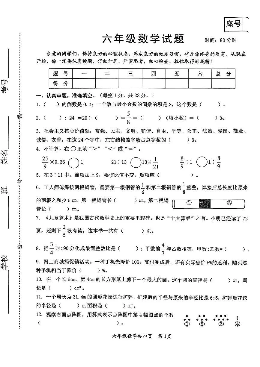 河南焦作市沁阳市2025-2026学年六年级上学期期末数学试题第1页