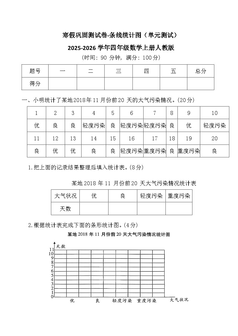 寒假巩固测试卷-条线统计图(单元测试)2025-2026学年四年级数学上册人教版第1页
