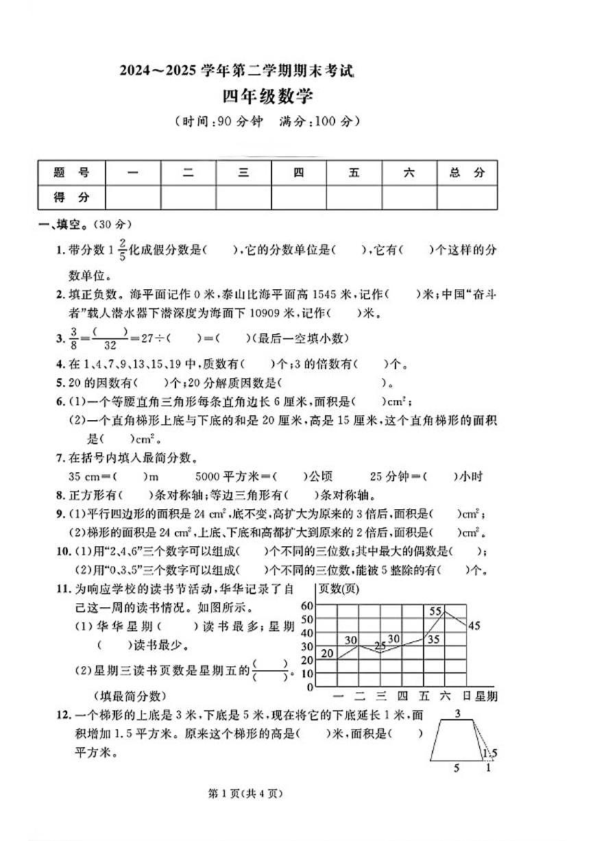 2024-2025学年山东省淄博市高新区四年级下学期期末数学试题(含答案)第1页
