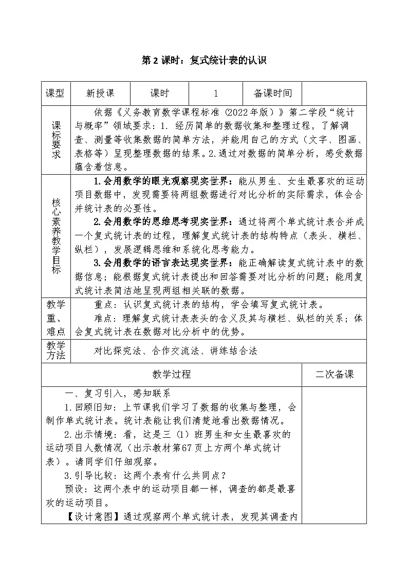 人教版2024小学数学三下第五单元课时2《复式统计表的认识》表格式教案第1页