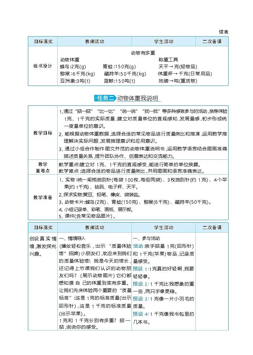 综合实践 制作动物体重”说明书“ 单元整体(教学设计)-2025-2026学年三年级下册数学北师大版(2024)第3页
