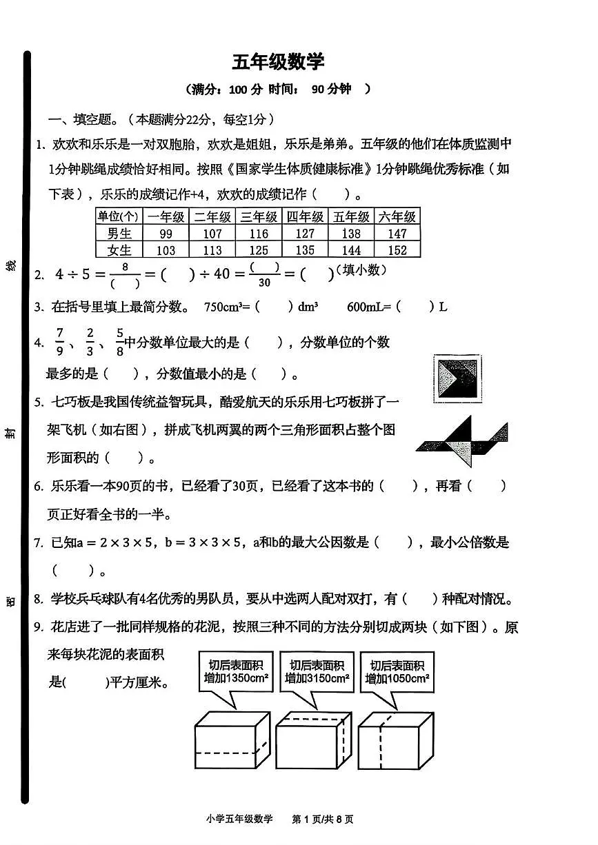 山东青岛市崂山区2024-2025学年五年级下学期期末数学试题第1页