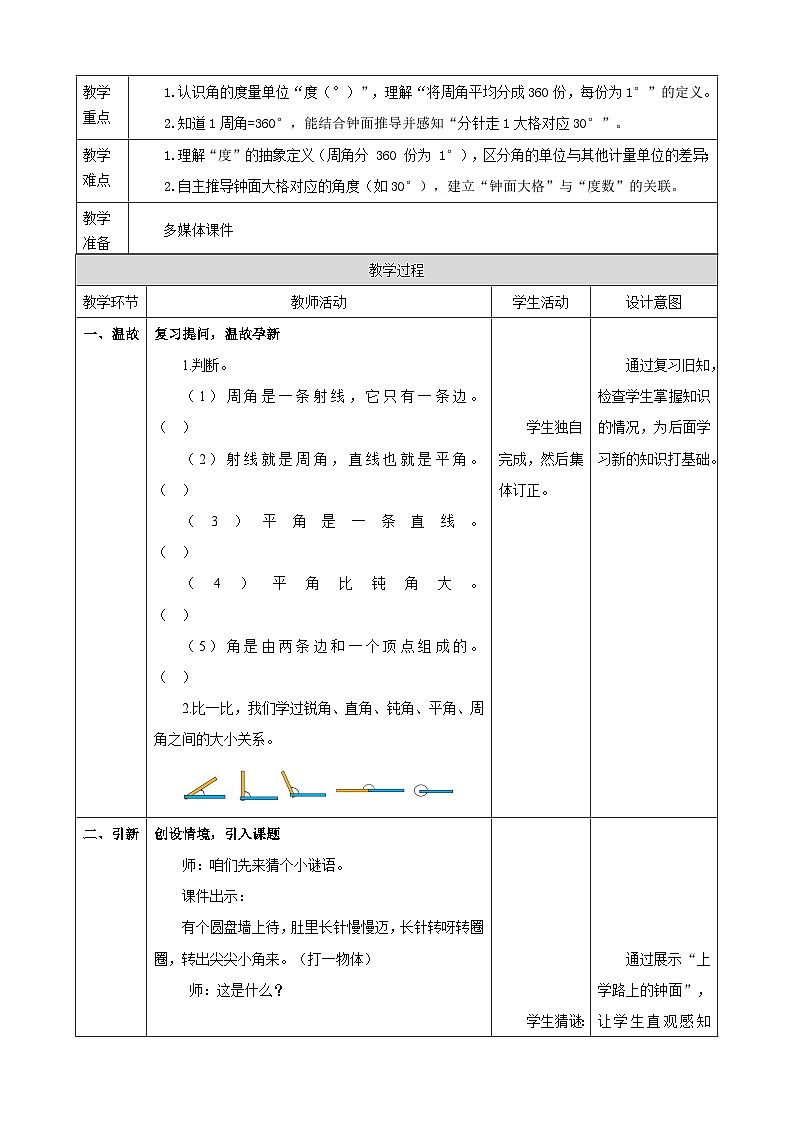1.6《角的度量单位的认识》教案(表格式) 2025-2026学年小学数学三年级下册 苏教版第2页