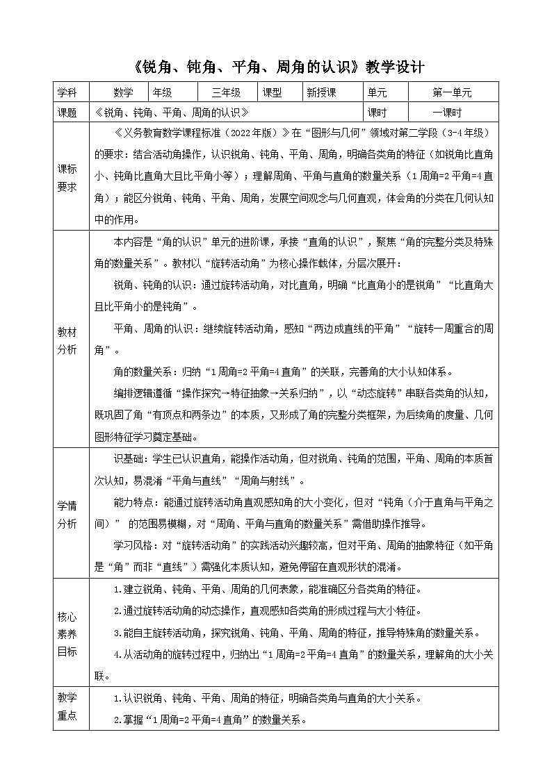1.5《锐角、钝角、平角、周角的认识》教案(表格式) 2025-2026学年小学数学三年级下册 苏教版第1页