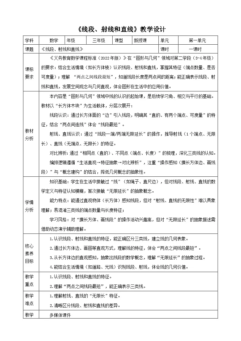 1.1《线段、射线和直线》教案(表格式) 2025-2026学年小学数学三年级下册 苏教版第1页